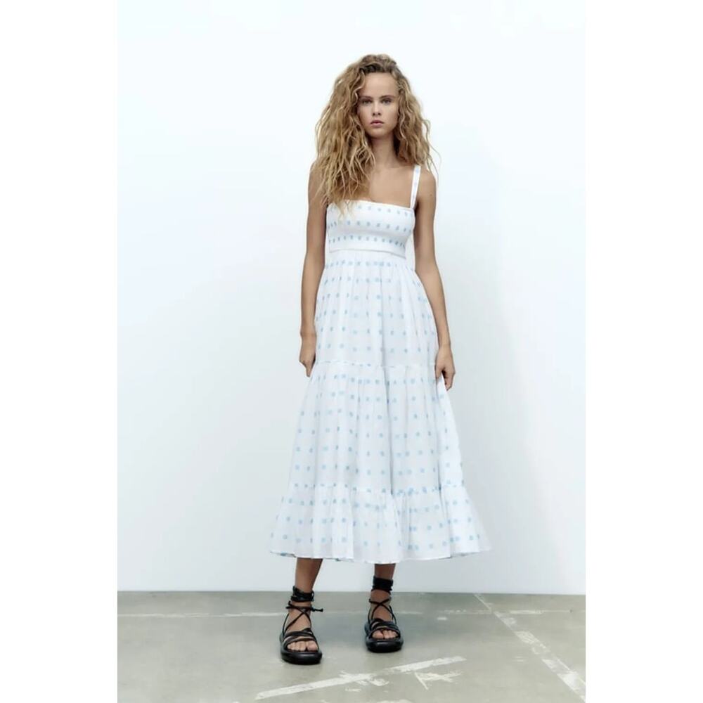 Zara Floral Embroidered Tiered Maxi Sundress Smocked White Blue Dress Size Large - Picture 2 of 16